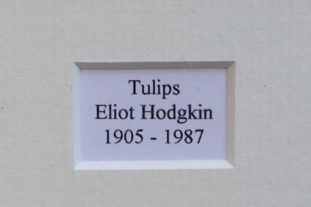Eliot Hodgkin (British, 1905-1987), 'Tulips', oil on board, 43 x 21 cm